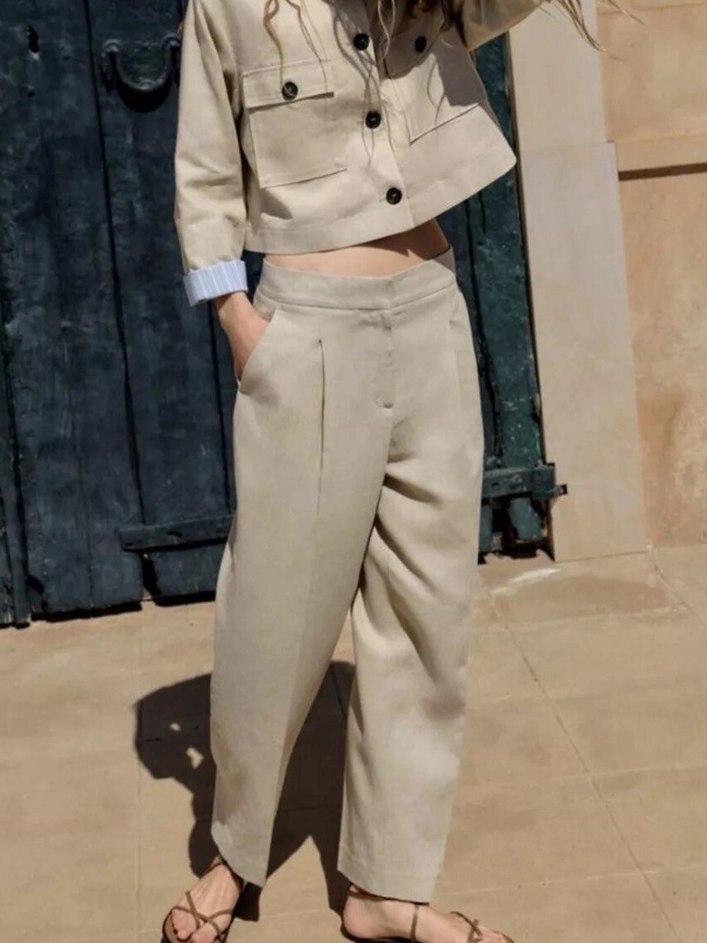 Zara Neutral High-Waist Linen Pleated Wide-Leg Pants - Beige size Large